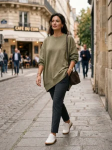 Alt Text: Oversized top styled with balanced hem and sleeve proportions
