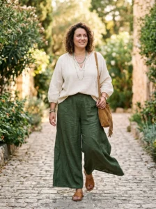 Alt Text: Plus size woman wearing a long flowing boho cardigan.