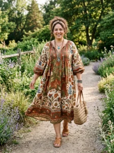 Alt Text: Plus size woman wearing a flowing boho top and wide-leg pants.