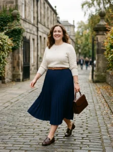 Alt Text: Plus-size woman wearing delicate gold jewelry with a classic outfit