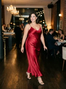Alt Text: Plus-size woman wearing a metallic top with simple black trousers for a night out.