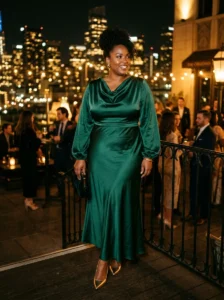 Alt Text: Plus-size woman wearing a jewel-toned satin outfit for a night out.