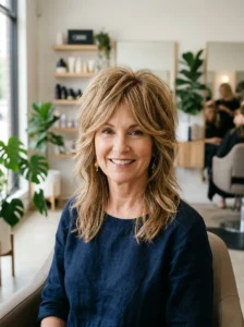 Woman over 50 styling a shag haircut at home to enhance root volume.