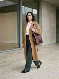 Alt Text:
Woman wearing signature wardrobe pieces that reinforce a consistent personal style.