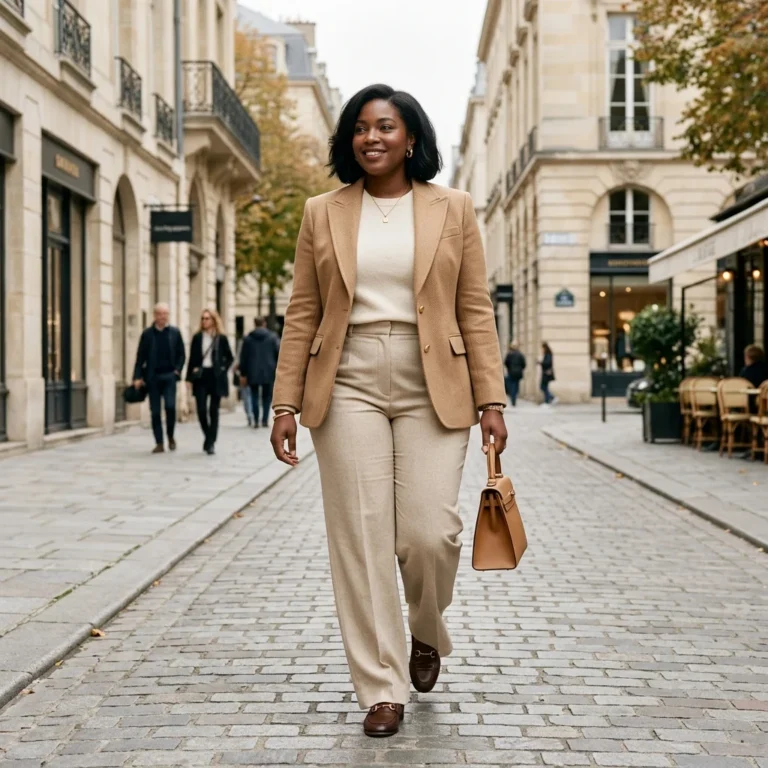 Alt Text: Plus-size woman wearing a classy old money outfit with a tailored blazer and wide-leg trousers