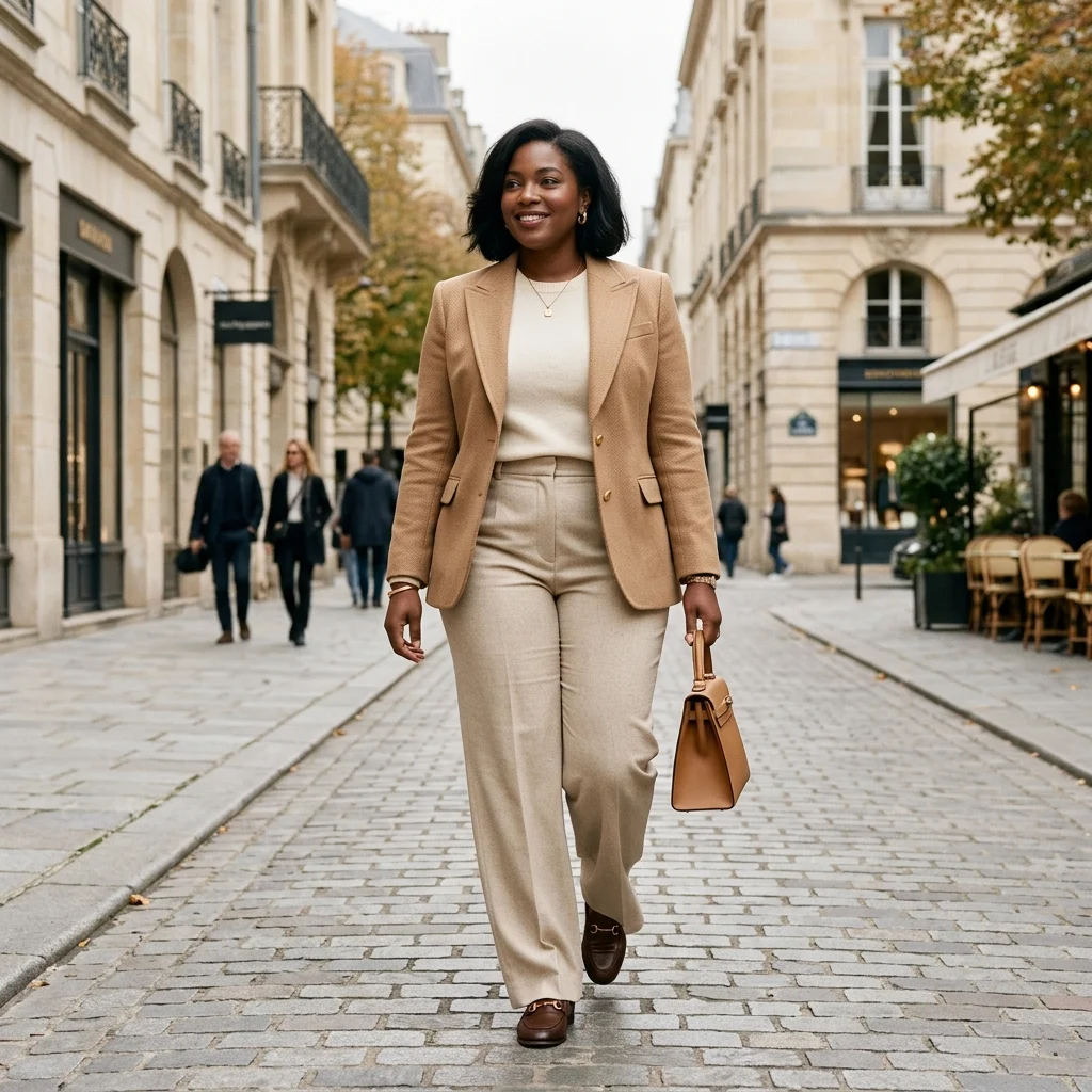 Alt Text: Plus-size woman wearing a classy old money outfit with a tailored blazer and wide-leg trousers