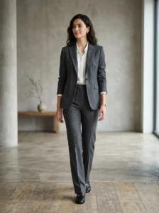 Alt Text:
Woman demonstrating proper garment fit at the shoulders waist sleeves and trouser hem