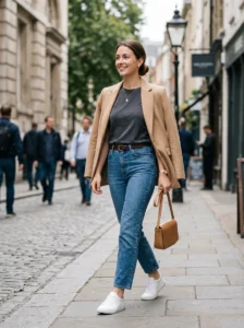 Alt Text:
Woman looking polished in simple clothing through thoughtful styling rather than expensive fashion.