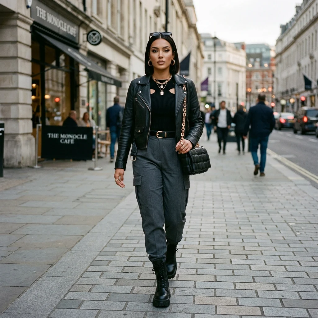 Alt Text: Confident woman wearing a stylish baddie-inspired outfit in an urban setting.