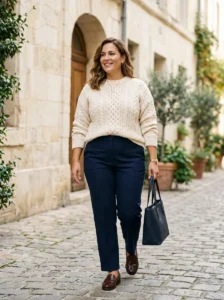 Alt Text: Plus-size woman wearing a structured camel wool coat