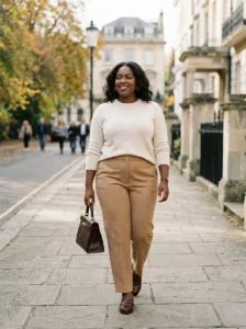 Alt Text: Plus-size woman wearing a classic camel coat with an old money inspired outfit