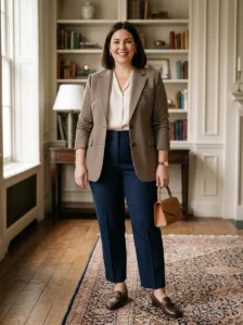 Alt Text: Tailored neutral outfit demonstrating classic old money style for plus size women