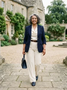 Alt Text: Plus-size woman wearing a tailored old money outfit in neutral classic colors