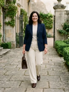 Alt Text: Plus-size woman in a single-breasted blazer with wide-leg trousers