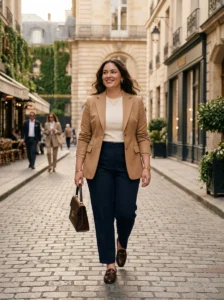 Alt Text: Confident plus-size woman wearing a timeless classy old money outfit