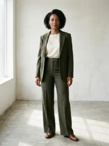 Alt Text:
Woman wearing a well-fitted outfit designed around her individual proportions