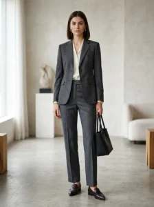 Woman wearing a perfectly tailored outfit with precise shoulders waist hem and sleeve fit
