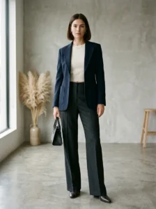 Alt Text:
Woman wearing high-rise trousers and a balanced top to emphasize individual body proportions