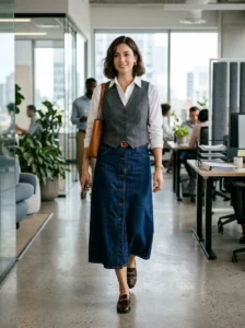 Alt Text: Long denim skirt with off-the-shoulder top and statement earrings