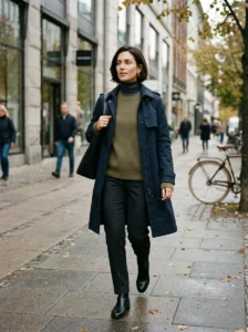 Alt Text:
Woman wearing a practical three-layer outfit for changing weather conditions