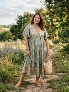 Alt Text: Plus size woman wearing a tiered maxi dress with sandals.