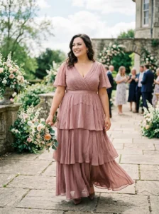 Alt Text: Plus-size mother of the bride wearing an elegant formal gown with sleeve coverage.