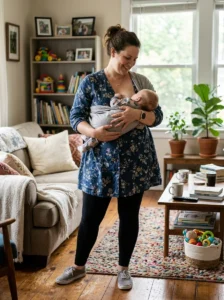 Alt Text: Plus size mom wearing a comfortable outfit for errands and school runs.