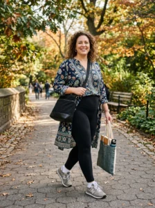 Alt Text: Plus size mom wearing high-waisted leggings with a longline tunic.
