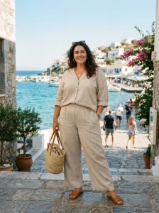 Alt Text: Plus-size woman wearing a relaxed breathable outfit suitable for a warm-weather vacation.