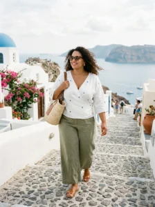 Alt Text: Plus-size woman wearing a breezy vacation outfit with sandals, sunglasses, and a woven bag.