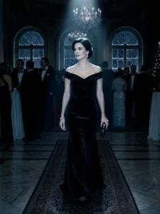 Alt Text: Woman wearing a luxurious black velvet gown at an elegant evening gala