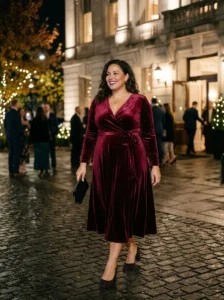 Alt Text: Plus-size woman wearing an off-the-shoulder top with wide-leg pants.