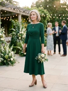 Alt Text: Modern mother of the bride dress in an elegant wedding setting