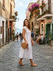 Woman wearing a solid dress with statement gold jewelry