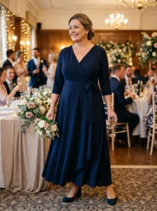 Alt Text: Plus-size woman wearing a formal gown with illusion sleeves.