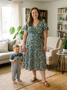 Alt Text: Plus size mom wearing a button-front tunic over leggings.