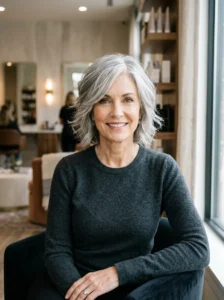 Confident woman over 50 wearing a modern voluminous shag haircut with layered texture.