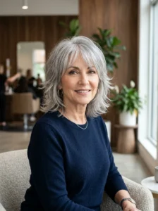 Woman over 50 with a textured gray shag haircut, wispy bangs, layered volume, and feathered ends.