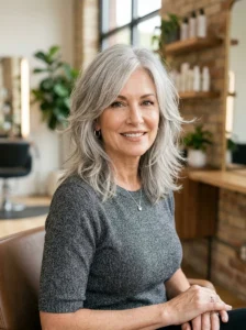 Alt Text: Woman over 50 with a layered shag haircut and gray and silver hair