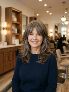 Alt Text: Jaw-length shag with bangs for women over 50