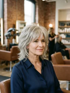 Alt Text: Short shag haircut creating maximum volume for women over 50