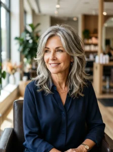 Shoulder-length shag haircut with soft curtain bangs on a woman over 50.