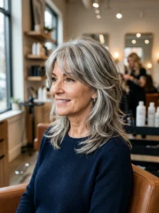 Shoulder-length shag haircut with soft layers and volume for a woman over 50.