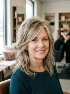 Low-maintenance shag haircut with natural texture for a busy woman over 50.