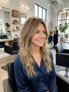 Textured shag haircut with soft perm-enhanced waves and volume for a woman over 50.