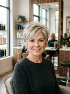 Layered shag haircut creating the appearance of fuller volume for fine hair over 50.