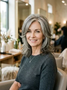 Alt Text: Woman over 50 with a modern shag haircut and natural layered volume.