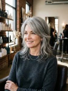 Salt-and-pepper shag haircut with soft face-framing layers and natural volume on a woman over 50.