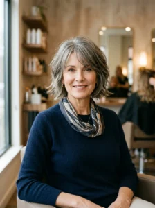 Long wavy shag haircut with bangs and natural volume for a woman over 50.
