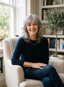 Alt Text: Woman over 50 with a low-maintenance shag haircut for easy everyday styling